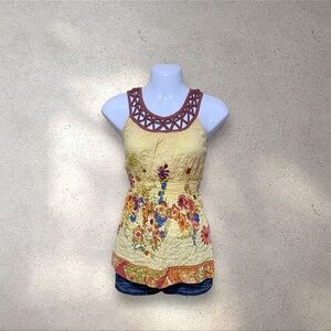 American Rag Cie Yellow Floral Cut-out Neckline Smocked Waist Top